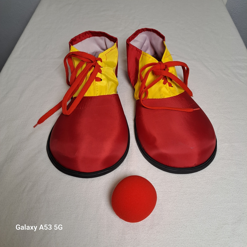 Bold Red and Yellow Clow Shoes and a clown nose